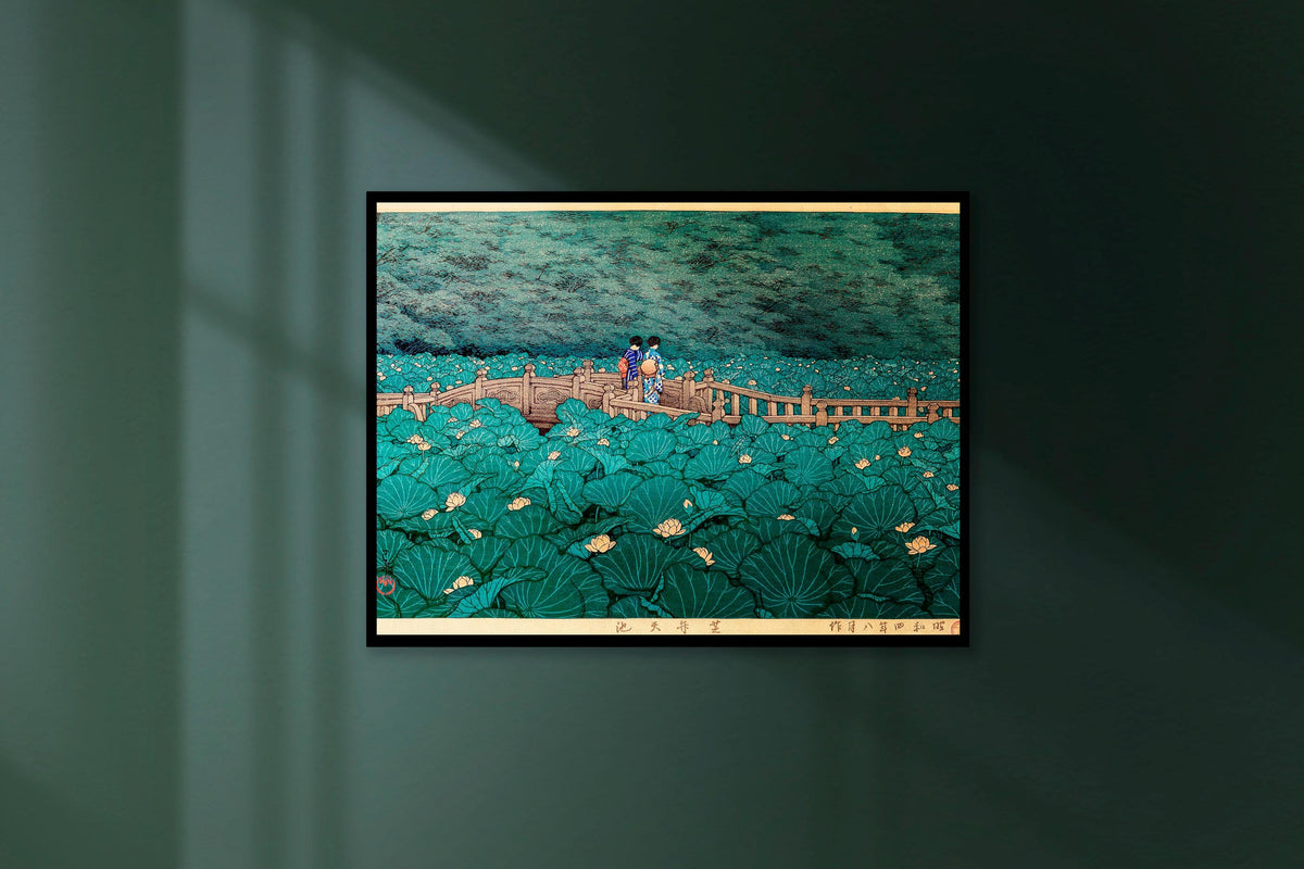 Kawase Hasui - The Pond at Benten Shrine in Shiba. Japanese wall art, Large canvas, Japanese decor, Japanese landscape,