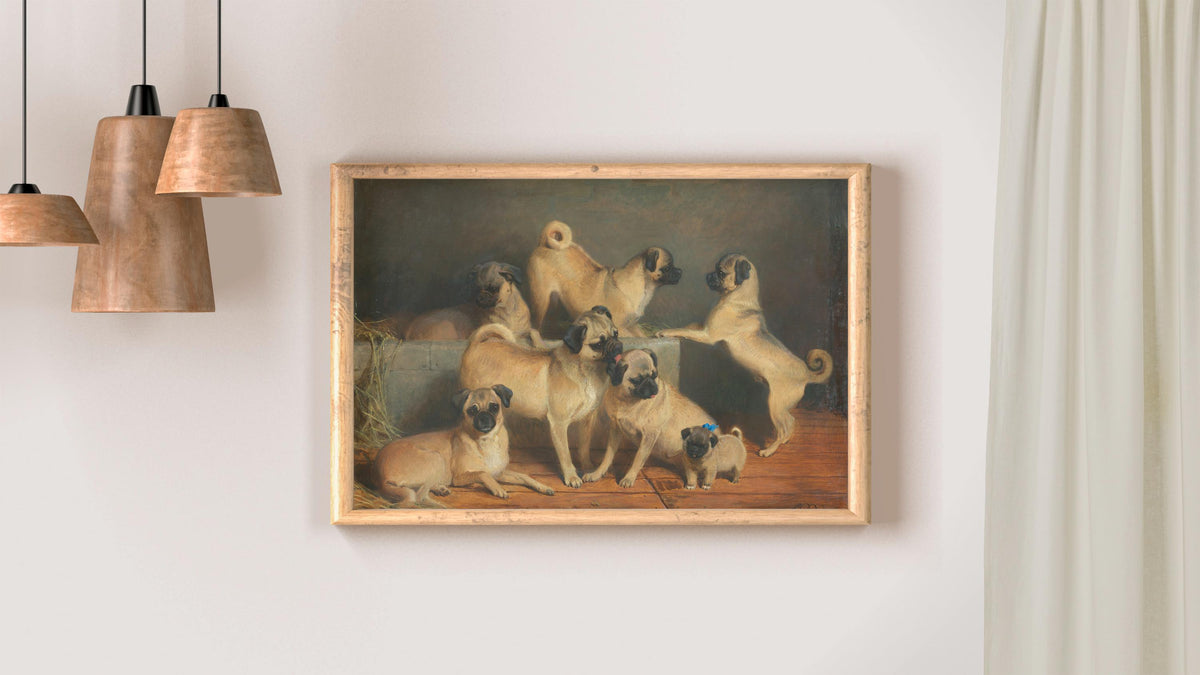 Charles Burton Barber - A Family of Pugs. Canvas painting, Mops wall art, Bedroom decor, Dogs poster print, Reproduction