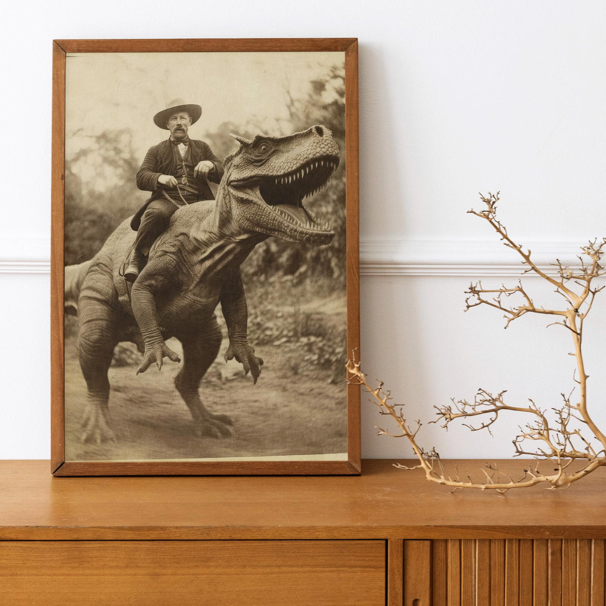 Dinosaur cowboy art, Surreal cowboy poster, Wild west dinosaur painting, Strange Bizarre wall decor, Cowboy dinosaur pho