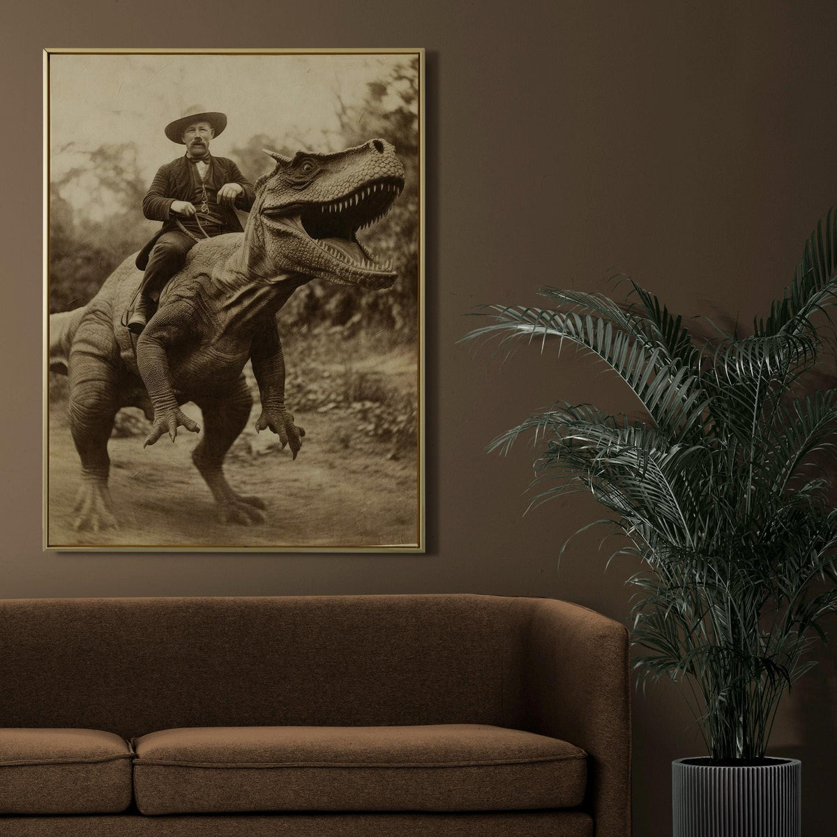 Dinosaur cowboy art, Surreal cowboy poster, Wild west dinosaur painting, Strange Bizarre wall decor, Cowboy dinosaur pho