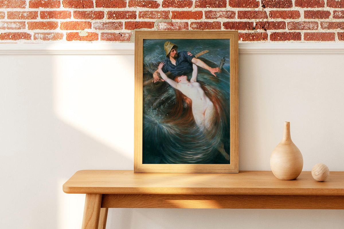 Knut Ekwall - Fisherman and The Siren. Mermaid poster print, Siren wall art, Canvas print, Bedroom decor, Water nymph po