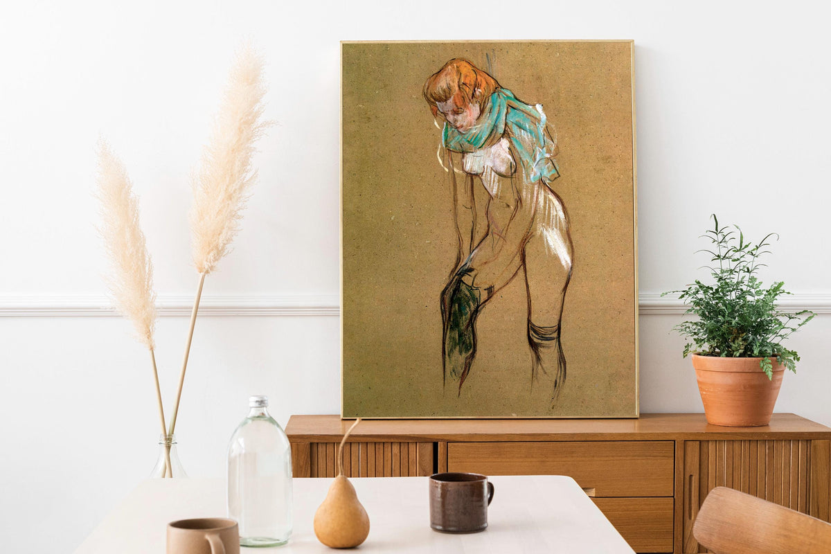 Henri de Toulouse Lautrec - Woman pulling up her stocking study. Sensual poster print, Beautiful girl art print, Interio