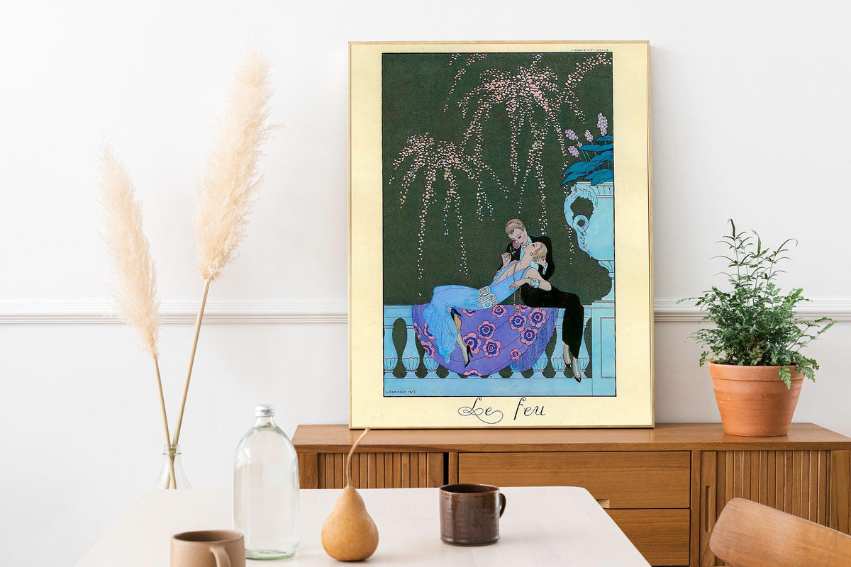 George Barbier - Le Feu. Couple love art print, Interior painting, Extravagant poster print, Vintage art, Gallery wrappe