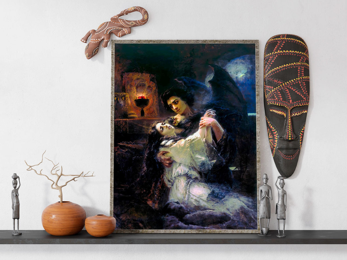 Konstantin Makovsky - Tamara and Demon. Couple wall art, Dark gothic canvas painting, Love art print, Home decor, Canvas
