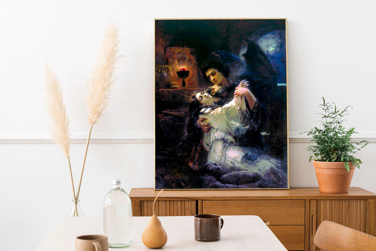 Konstantin Makovsky - Tamara and Demon. Couple wall art, Dark gothic canvas painting, Love art print, Home decor, Canvas