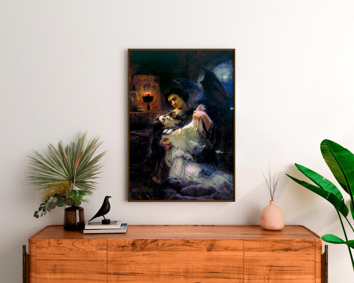 Konstantin Makovsky - Tamara and Demon. Couple wall art, Dark gothic canvas painting, Love art print, Home decor, Canvas