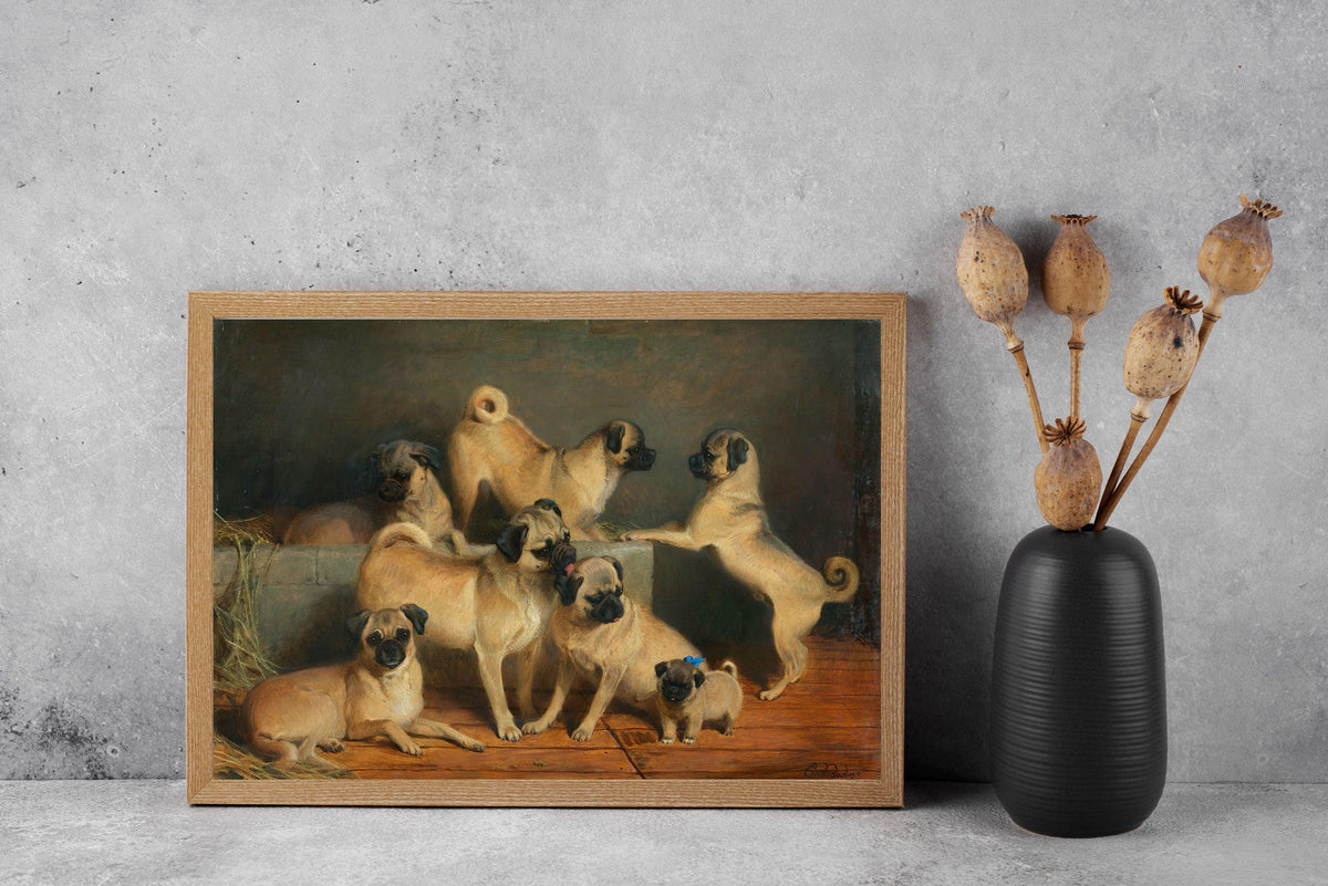 Charles Burton Barber - A Family of Pugs. Canvas painting, Mops wall art, Bedroom decor, Dogs poster print, Reproduction