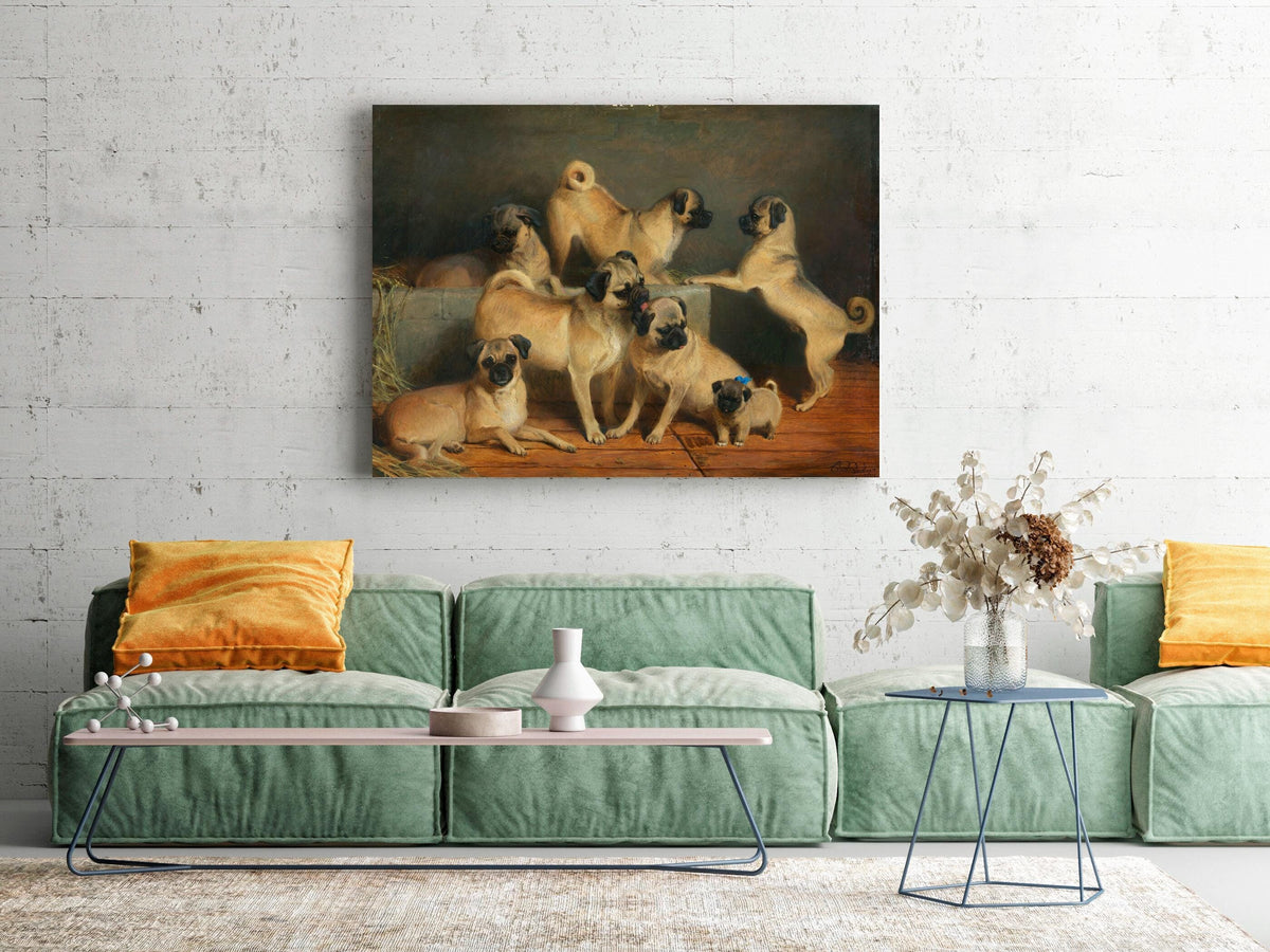 Charles Burton Barber - A Family of Pugs. Canvas painting, Mops wall art, Bedroom decor, Dogs poster print, Reproduction
