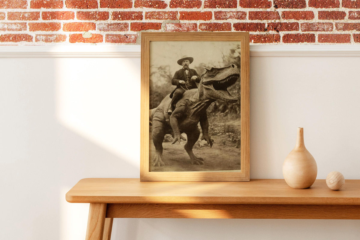 Dinosaur cowboy art, Surreal cowboy poster, Wild west dinosaur painting, Strange Bizarre wall decor, Cowboy dinosaur pho
