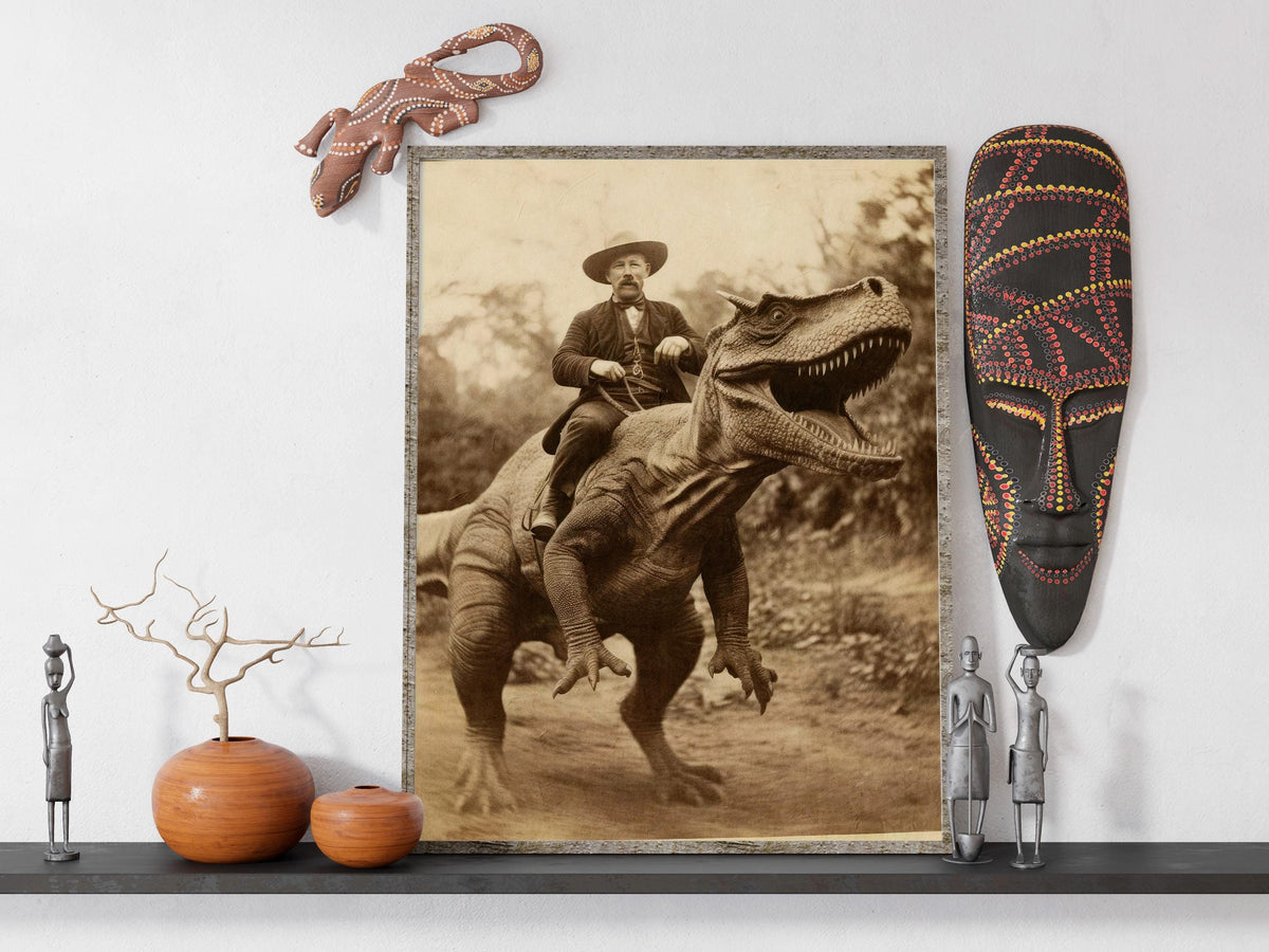 Dinosaur cowboy art, Surreal cowboy poster, Wild west dinosaur painting, Strange Bizarre wall decor, Cowboy dinosaur pho