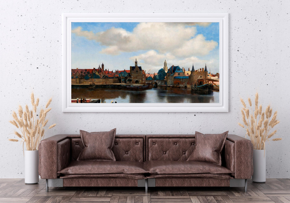 Johannes Vermeer - View of Delft. Landscape nature, Kitchen decor, Canvas painting, Vermeer art print, Water landscape,
