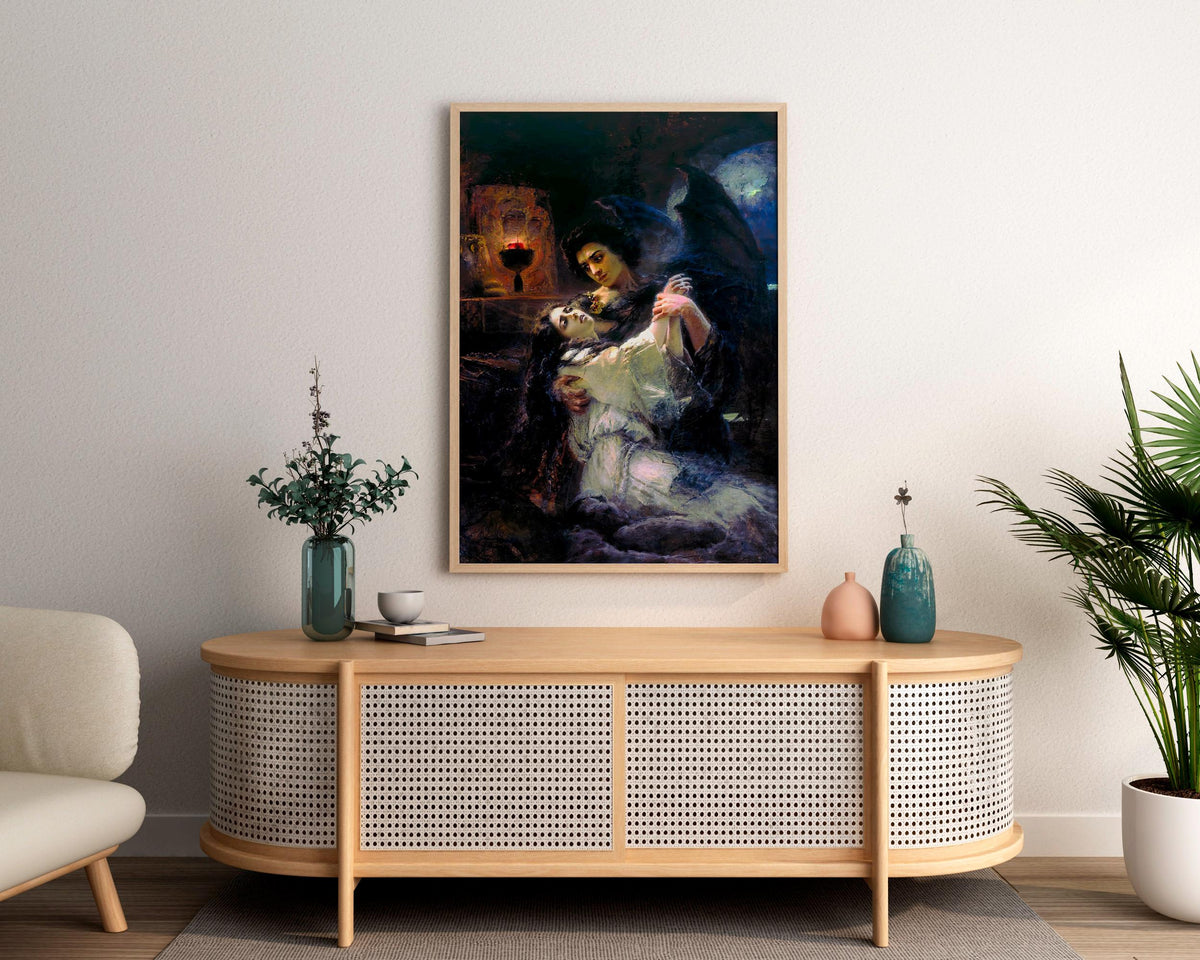 Konstantin Makovsky - Tamara and Demon. Couple wall art, Dark gothic canvas painting, Love art print, Home decor, Canvas