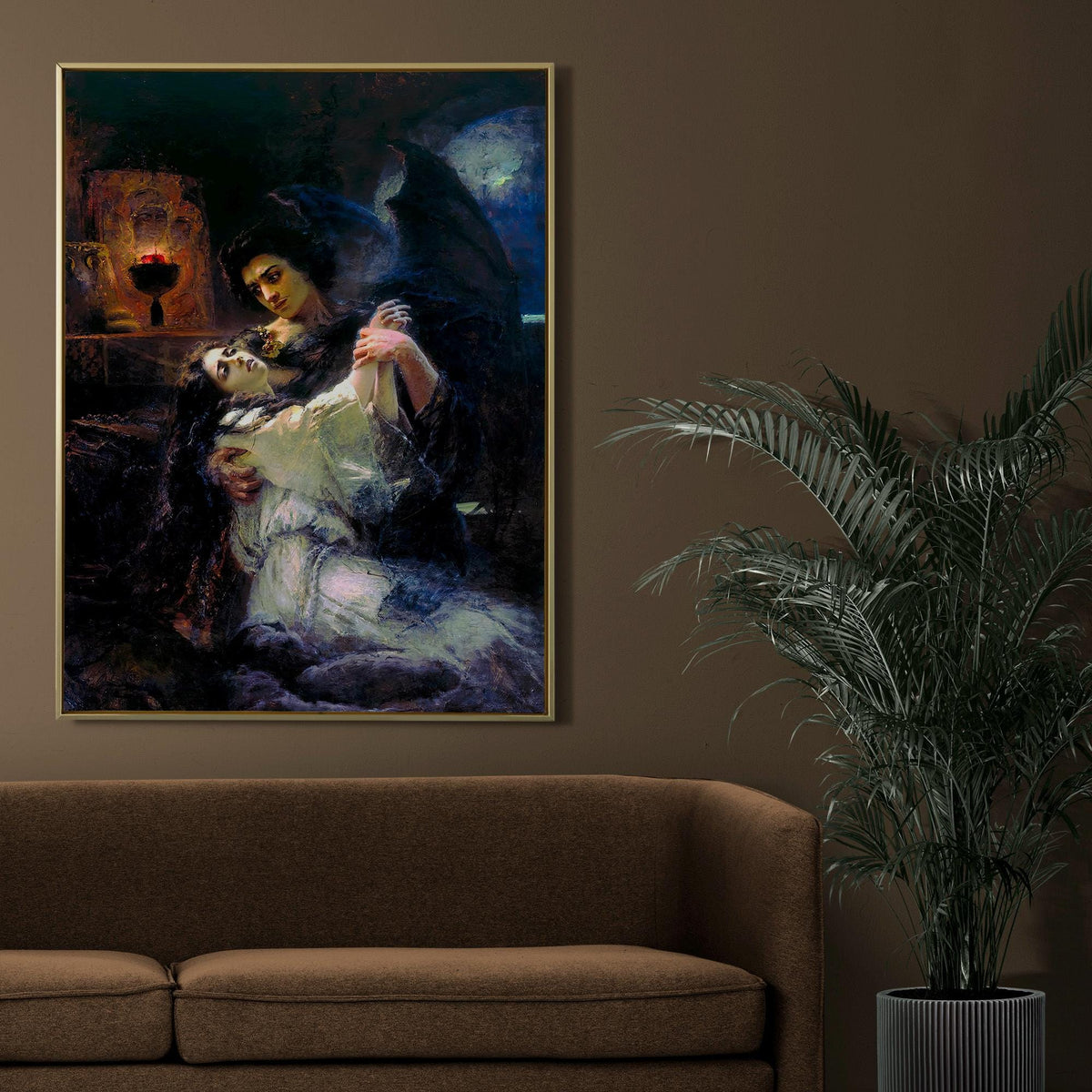 Konstantin Makovsky - Tamara and Demon. Couple wall art, Dark gothic canvas painting, Love art print, Home decor, Canvas
