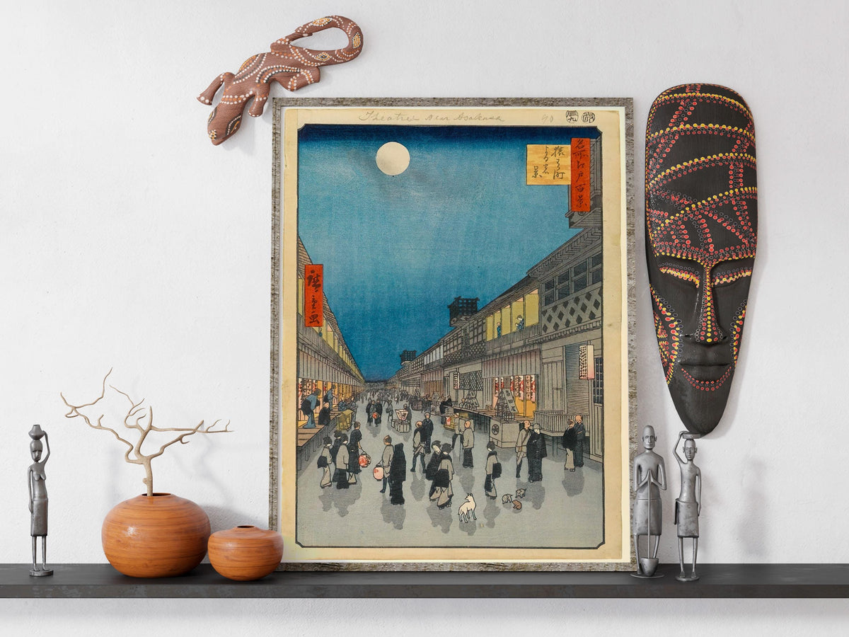Hiroshige - Saruwakamachi at Night. Japanese landscape art, Print on canvas, Poster print, Japanese home decor, Asian ar