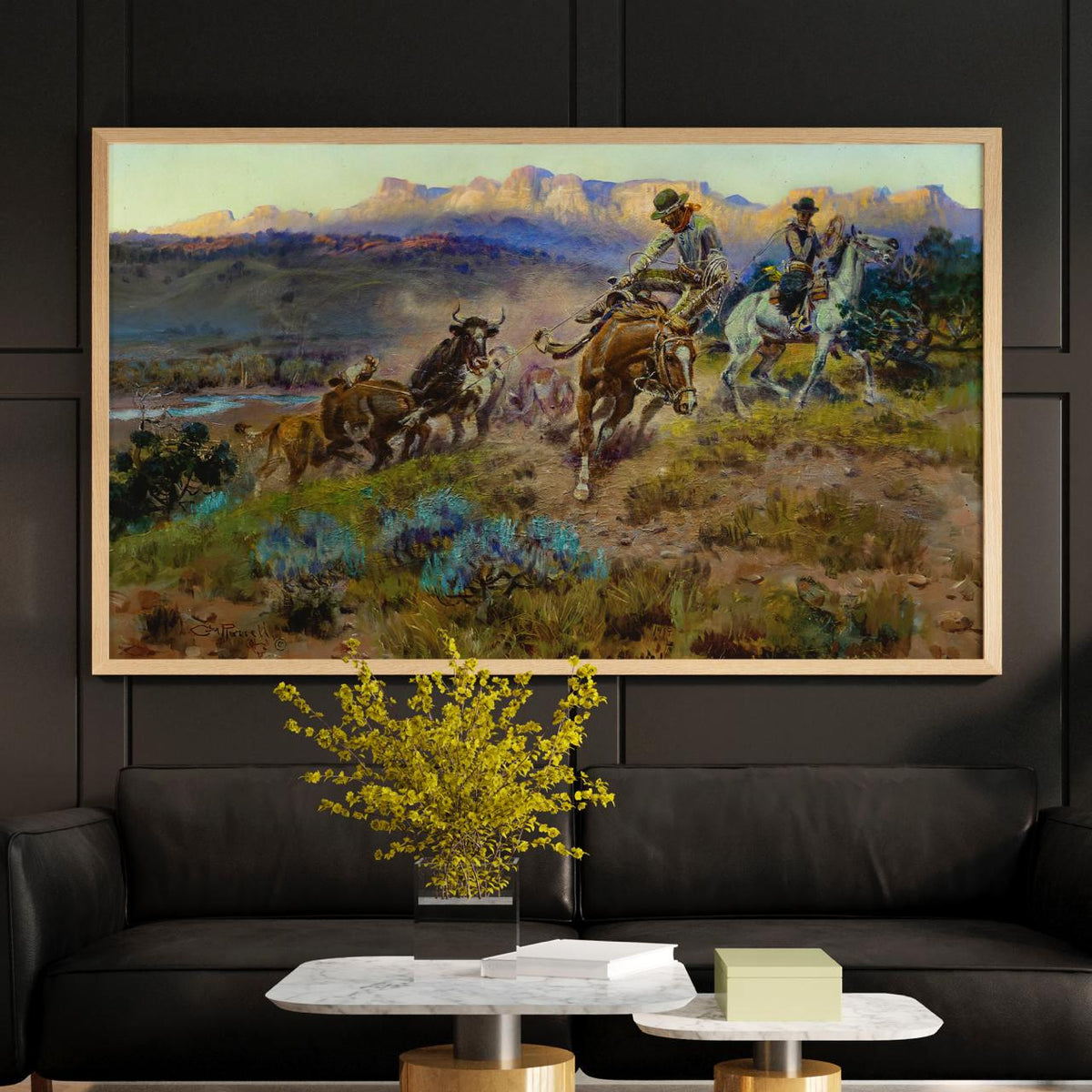 Charles M. Russell, Round-Up on the Musselshell - western wall art, rustic home decor, vintage cowboy print, museum styl