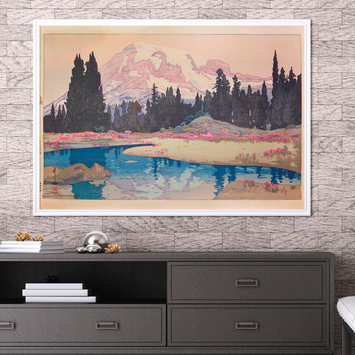 Mt. Rainier by Hiroshi Yoshida – Japanese Woodblock Print, Landscape Art, Mountain Scenery, Fine Art Print, Wall Decor,
