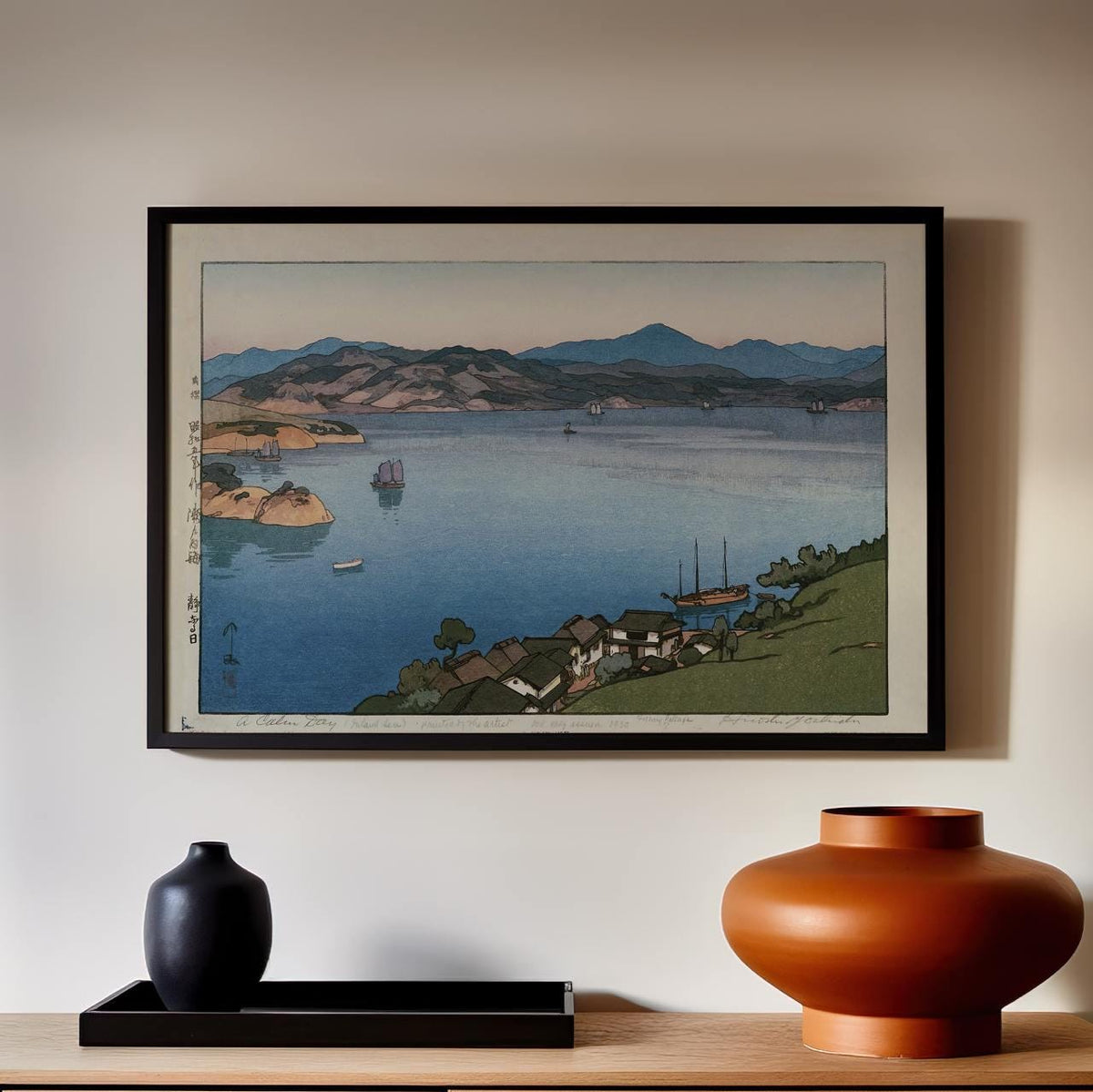 A Calm Day by Hiroshi Yoshida – Japanese Woodblock Print, Tranquil Seascape Art, Coastal Wall Decor, Giclee Canvas Print