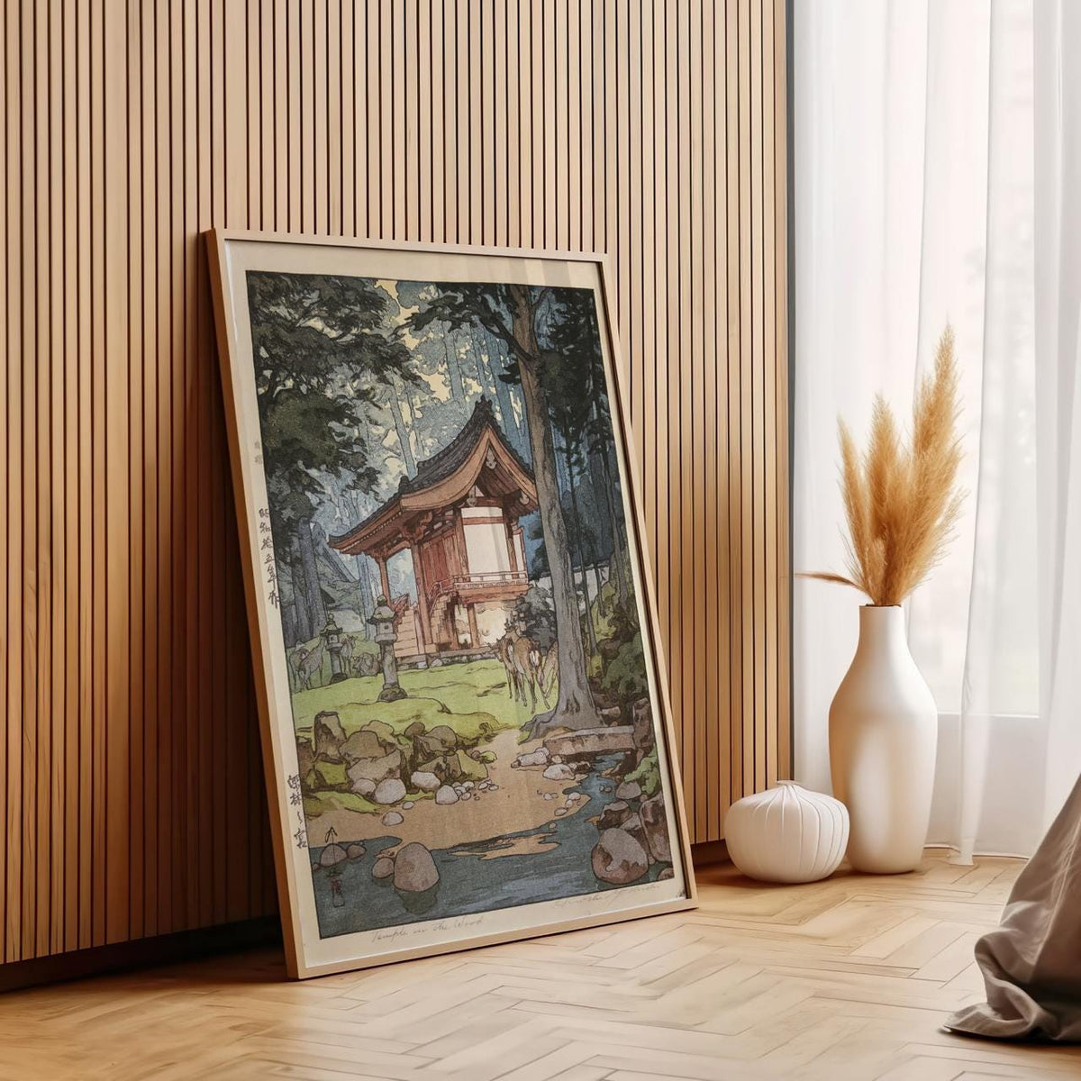 Temple in the Woods by Hiroshi Yoshida – Japanese Woodblock Print, Forest Temple Wall Art, Spiritual Nature Scene, Canva