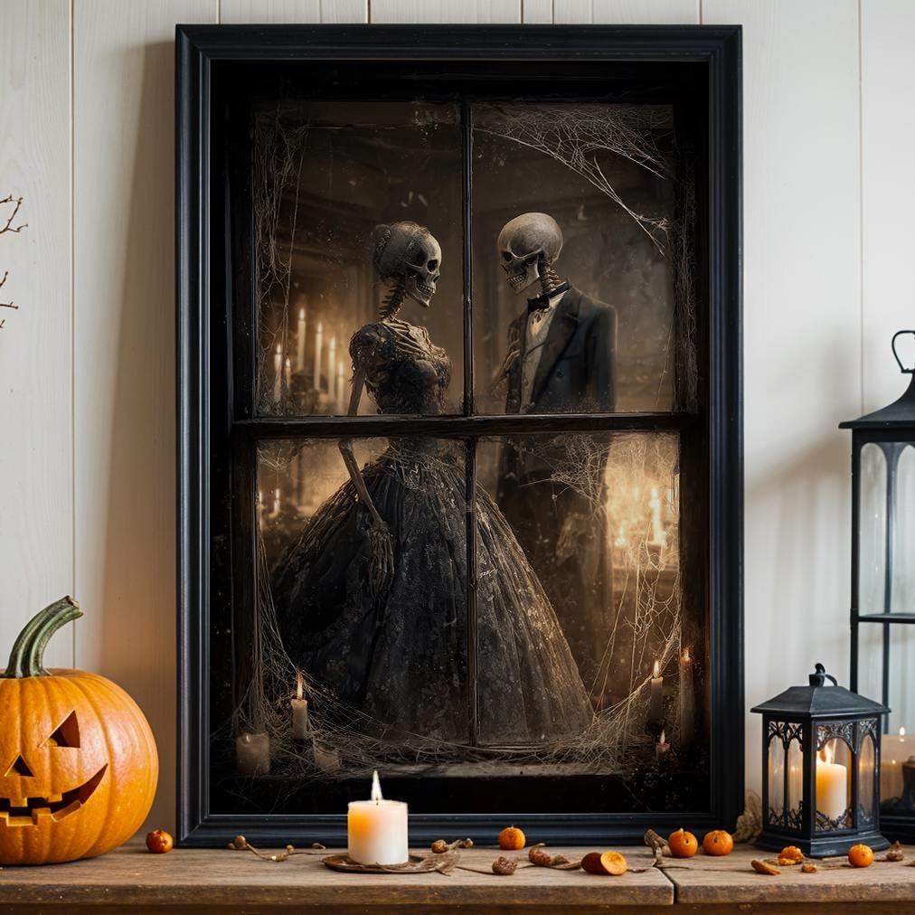 Dark Gothic Skeleton Couple Poster, Victorian Dance Wall Art Print, Halloween Gift for Gothic Lovers, Halloween Wall Art