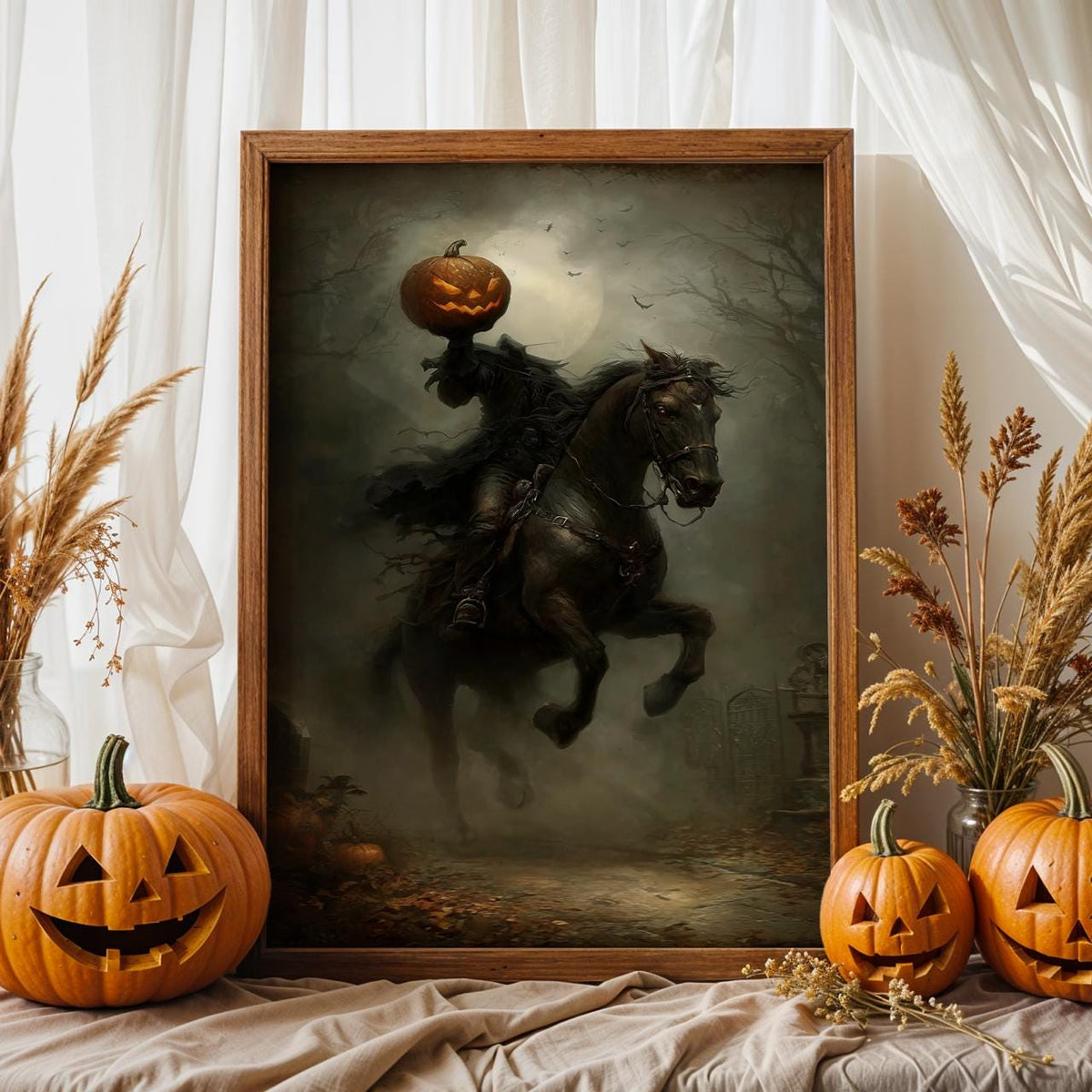 Headless Horseman Halloween Print, Pumpkin in Hand Riding Through Autumn Forest Poster, Dark Fantasy Gift, dark cottagec