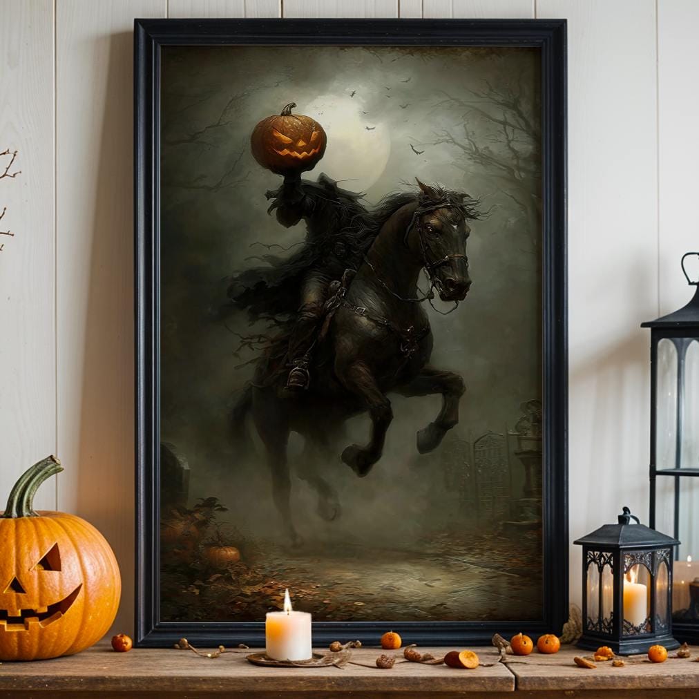 Headless Horseman Halloween Print, Pumpkin in Hand Riding Through Autumn Forest Poster, Dark Fantasy Gift, dark cottagec