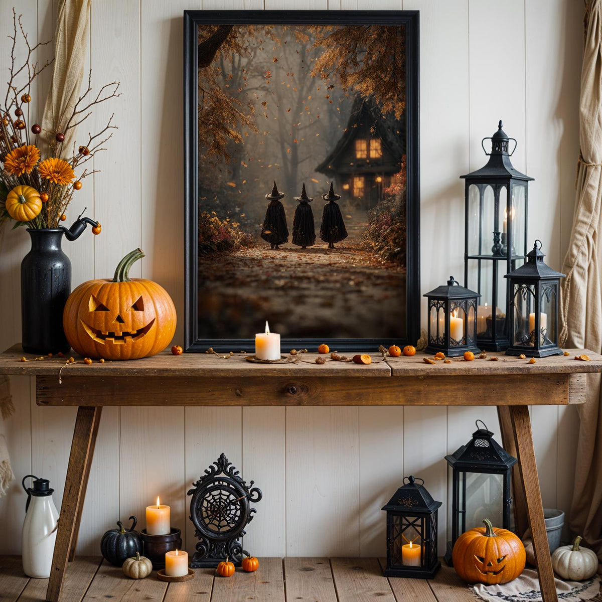 Three Witches on Autumn Path Poster – mystical Halloween wall art print, spooky seasonal artwork for cozy fall home and
