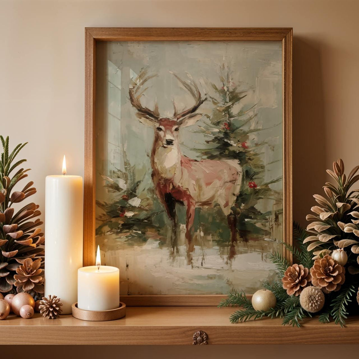 Christmas Reindeer Wall Art Print, Festive Deer by Tree, Modern Oil Painting Style Holiday Decor