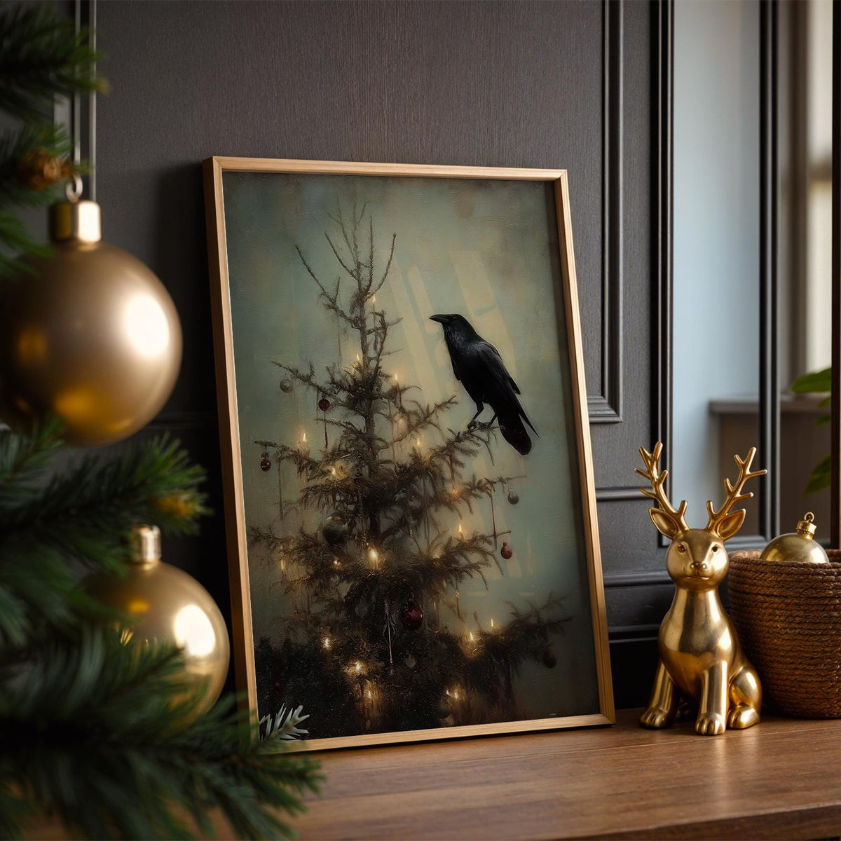 Dark Academia Christmas Crow Print, Gothic Holiday Wall Art Gift for Him or Her, Christmas Wall Art