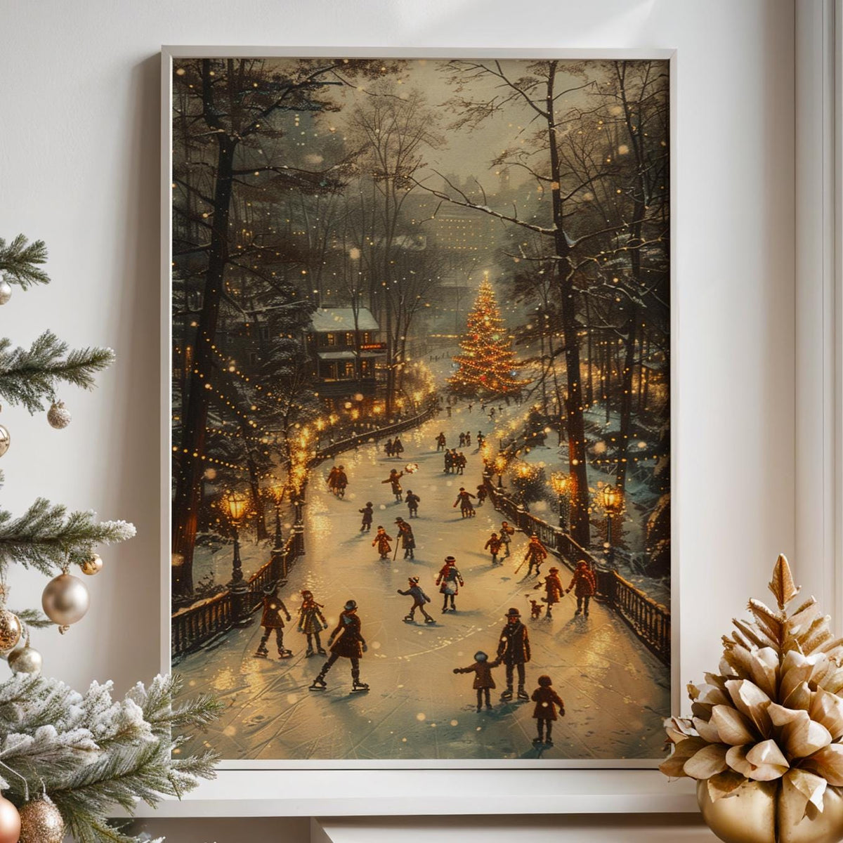Festive Ice Rink Christmas Poster – Winter Wall Art Print, Cozy Holiday Decor, Family Skating, Christmas Tree Lights, Sn