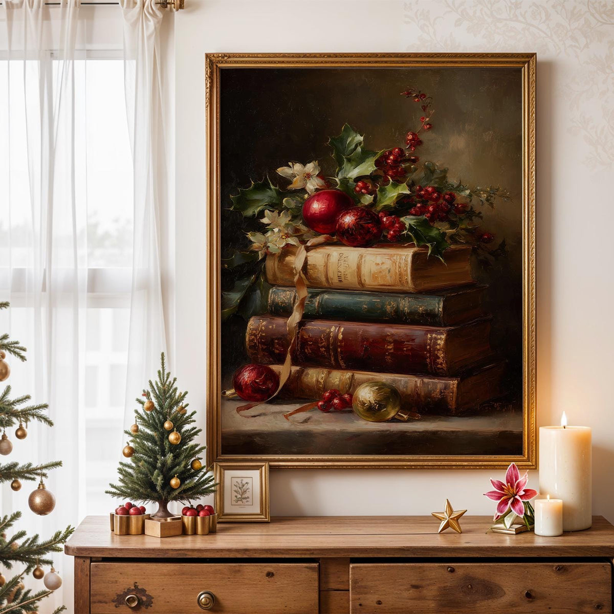 Vintage Book Stack Christmas Print, Retro Holiday Ornament Wall Art