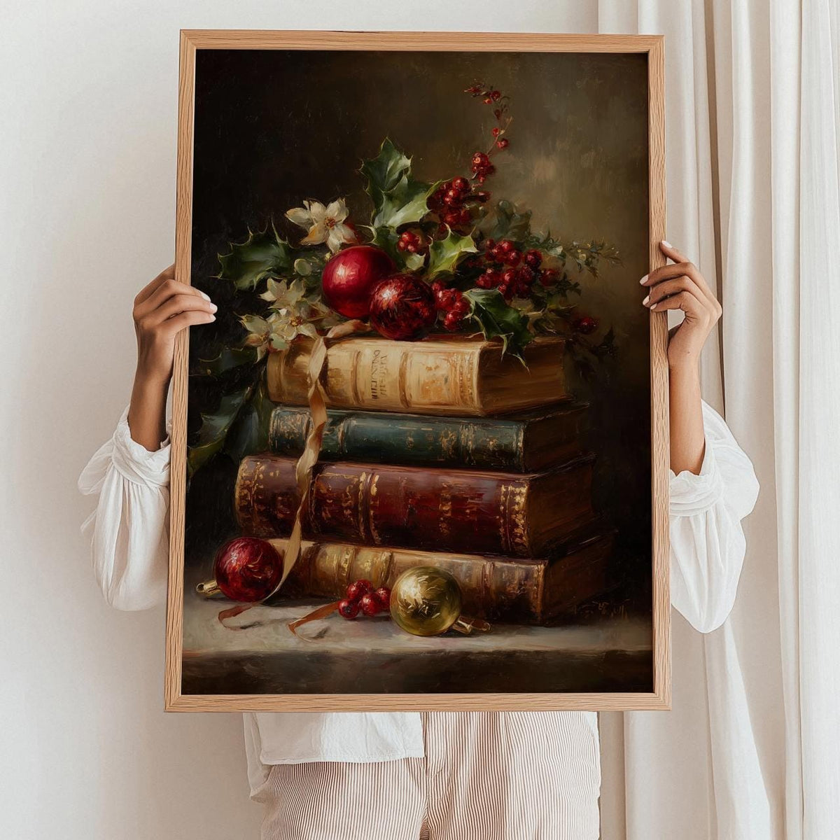 Vintage Book Stack Christmas Print, Retro Holiday Ornament Wall Art