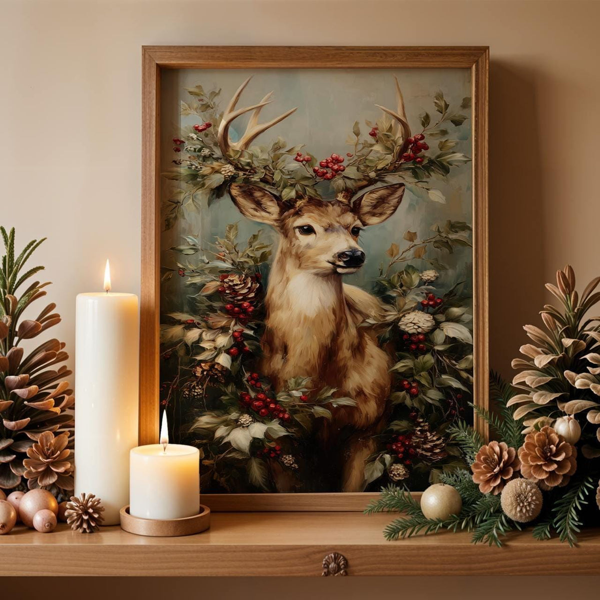Christmas Reindeer Portrait with Festive Wreath Poster, Holiday Wall Art Print, Rustic Winter Home Decor