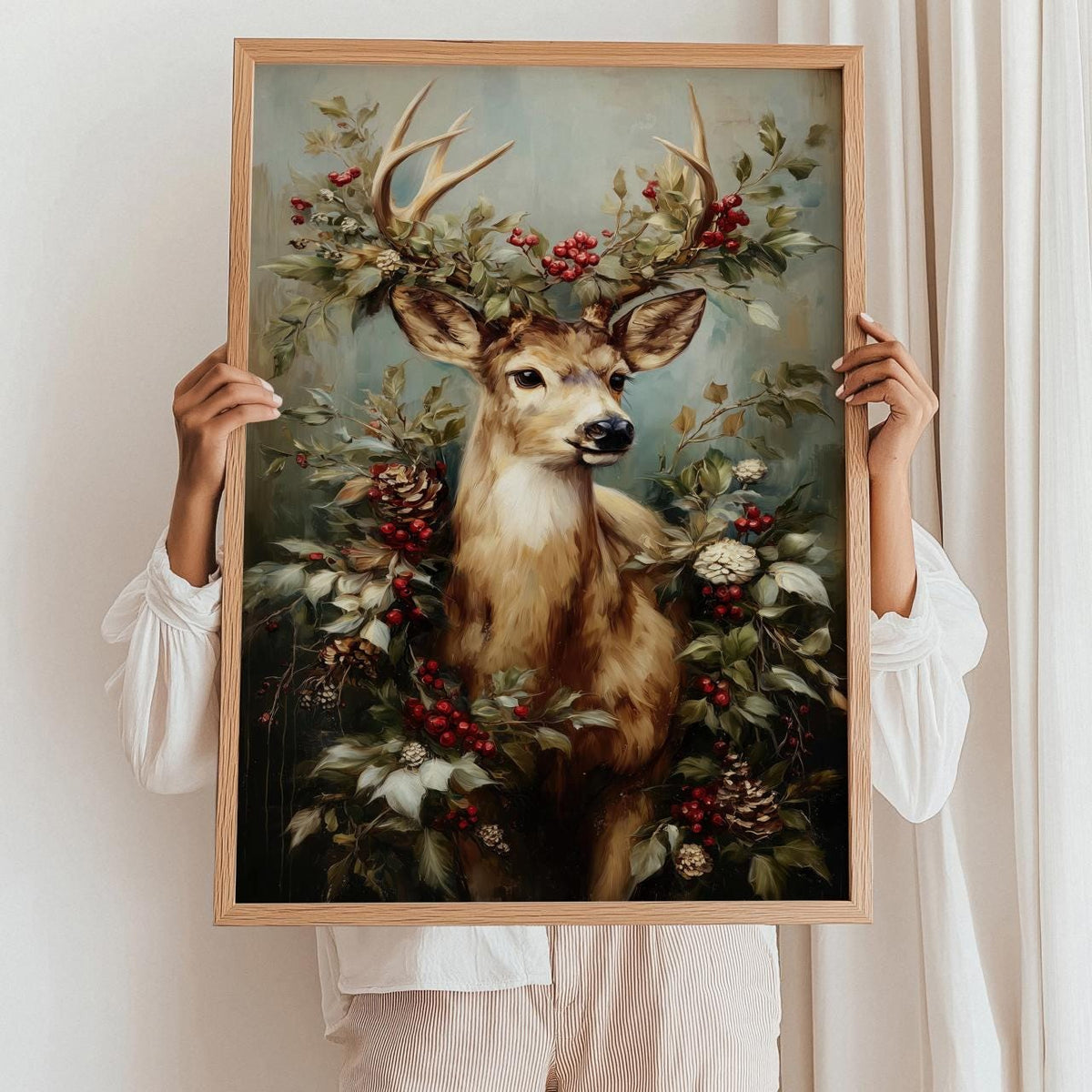 Christmas Reindeer Portrait with Festive Wreath Poster, Holiday Wall Art Print, Rustic Winter Home Decor