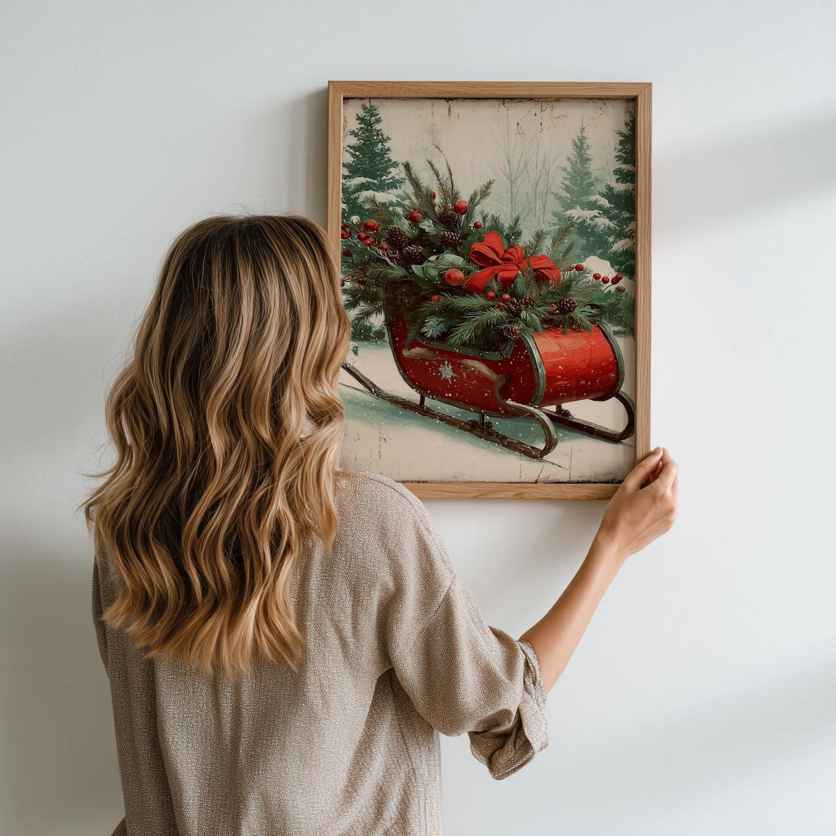 Christmas Sleigh in Snowy Forest, Festive Holiday Wall Art Print, Cozy Winter Home Decor Poster