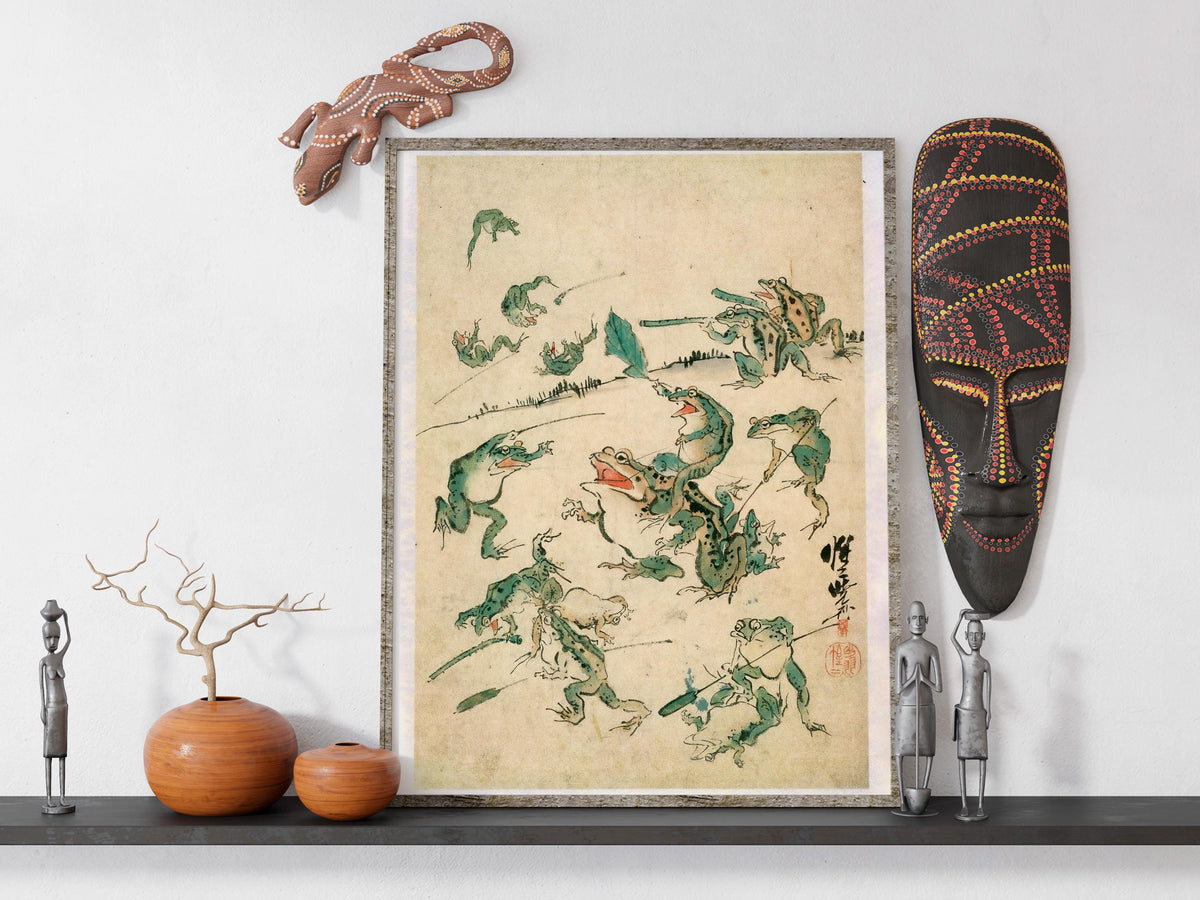 Kawanabe Kyosai - Battle Of The Frogs. Kitchen wall art, Japanese frogs art print, Japanese home decor, Frogs poster pri