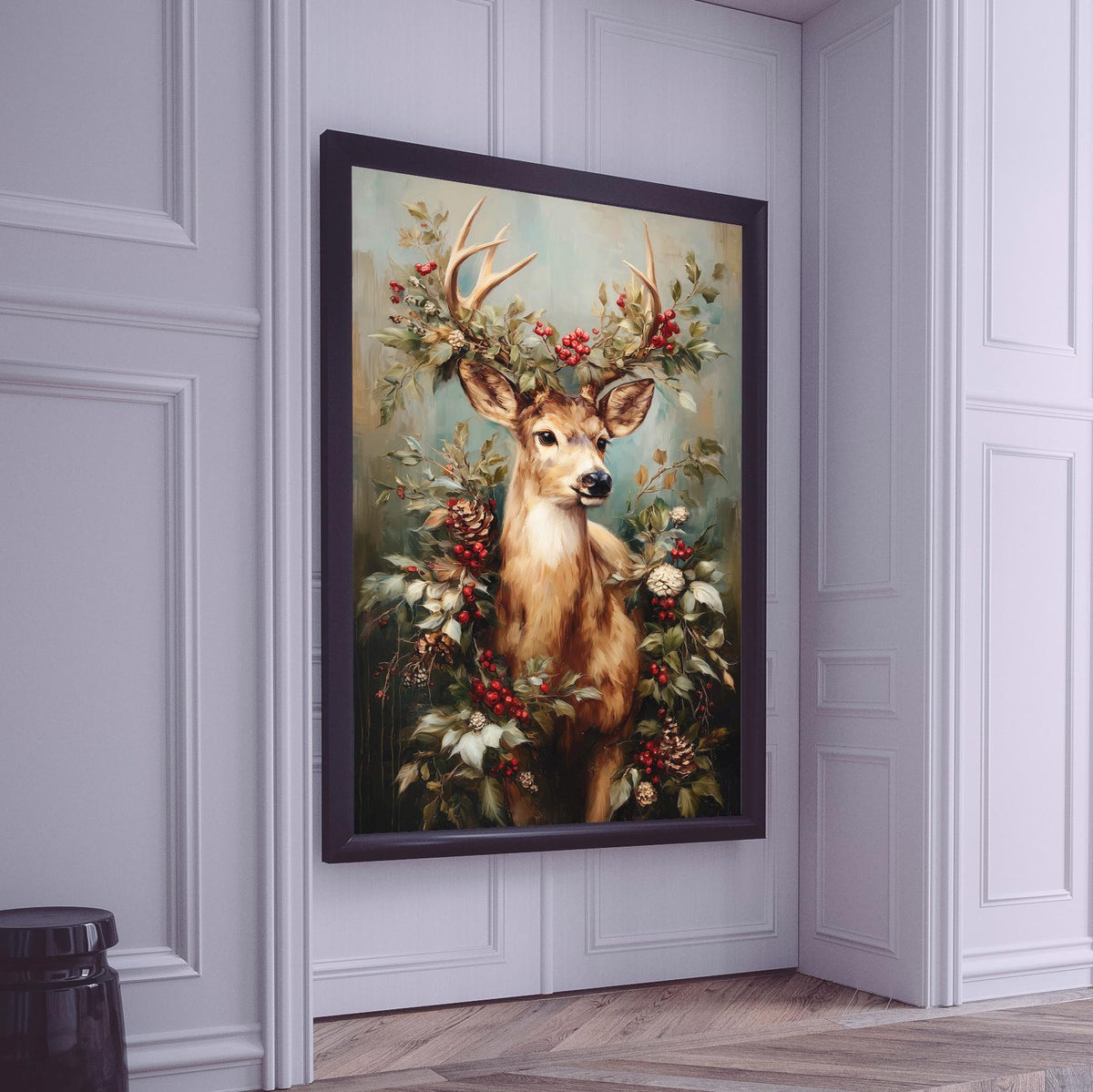 Christmas Reindeer Portrait with Festive Wreath Poster, Holiday Wall Art Print, Rustic Winter Home Decor