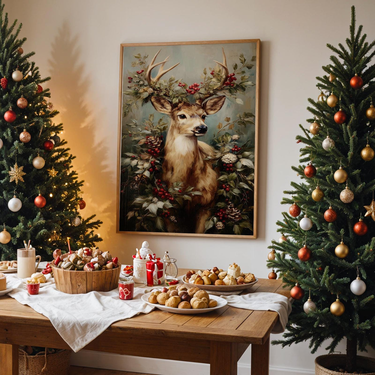 Christmas Reindeer Portrait with Festive Wreath Poster, Holiday Wall Art Print, Rustic Winter Home Decor