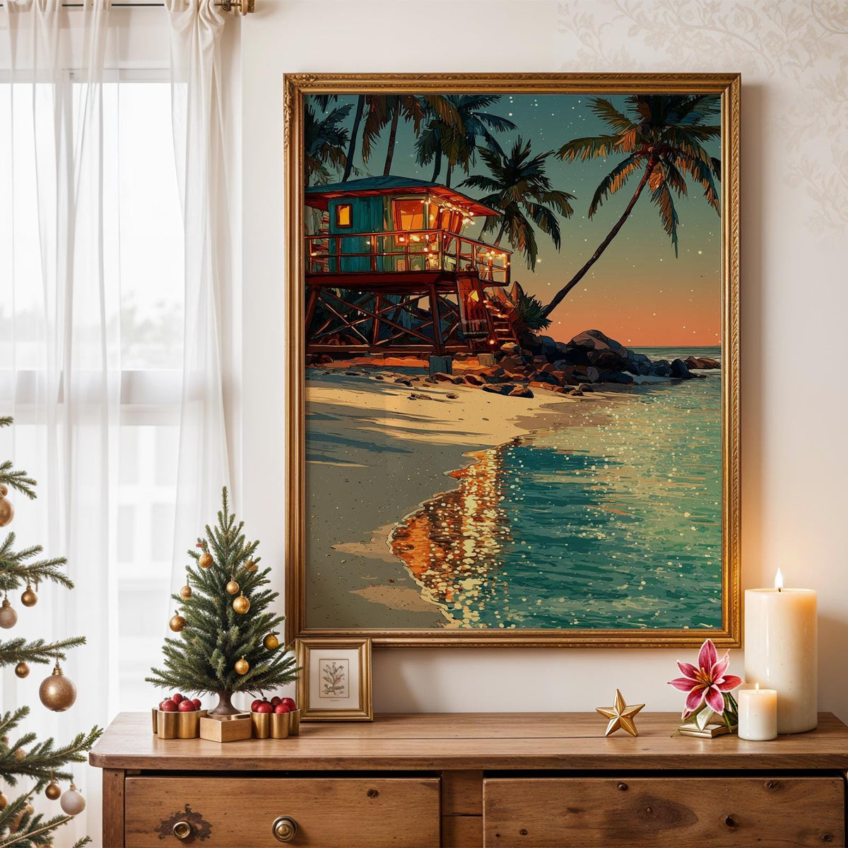 Tropical Christmas Art Print – Beach Night Canvas, Holiday Decor Poster, Festive Home Wall Art