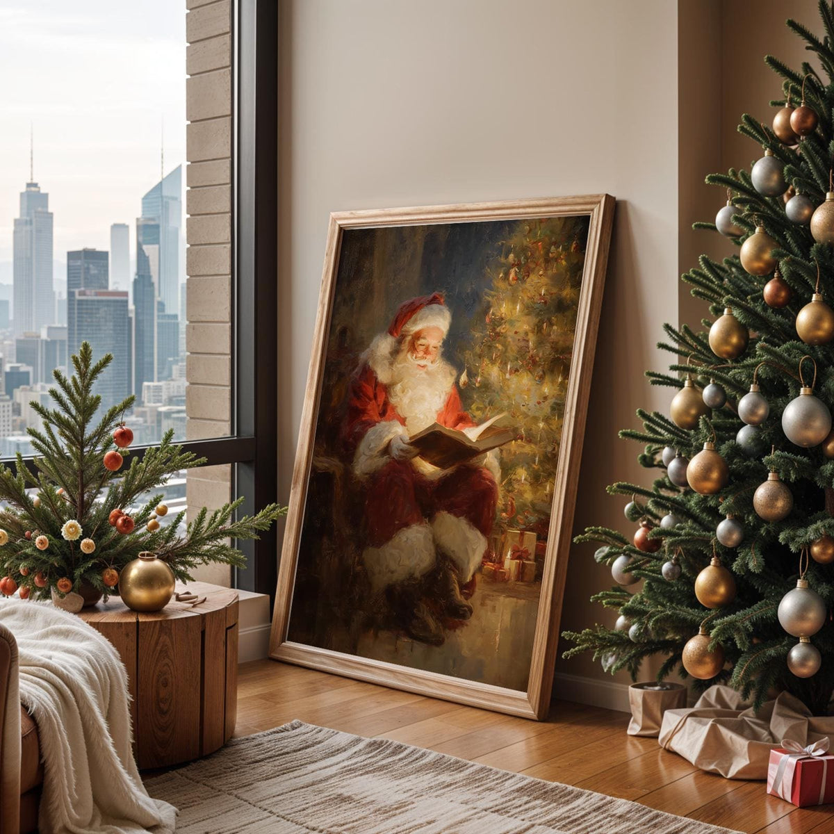 Classic Santa Claus Reading Christmas Story Print, Warm Holiday Wall Art Gift