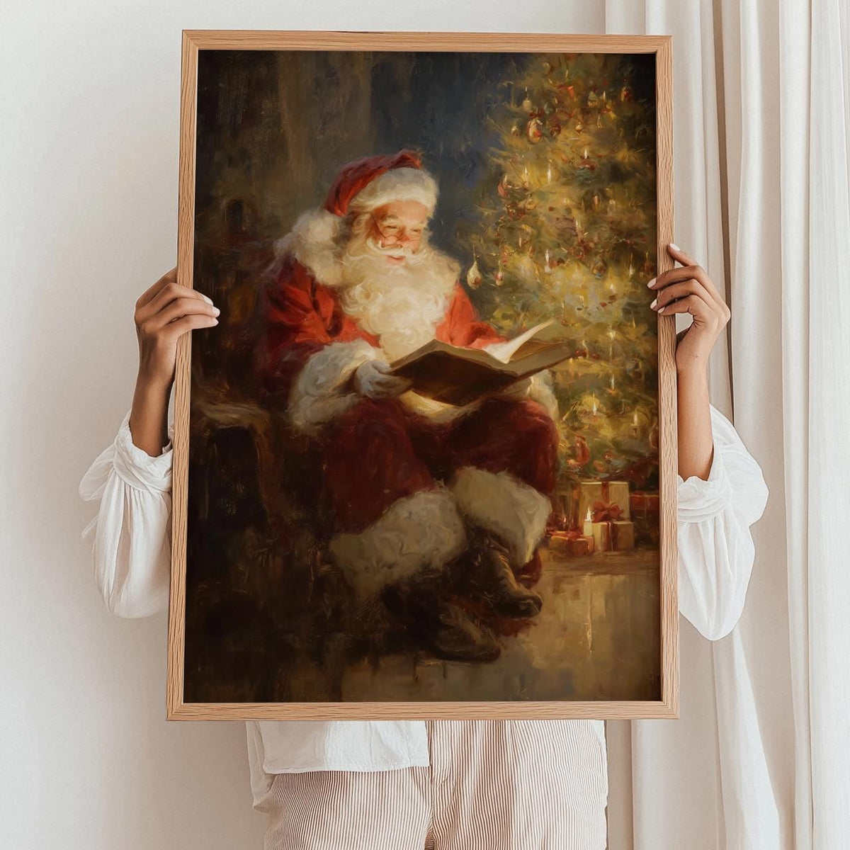 Classic Santa Claus Reading Christmas Story Print, Warm Holiday Wall Art Gift