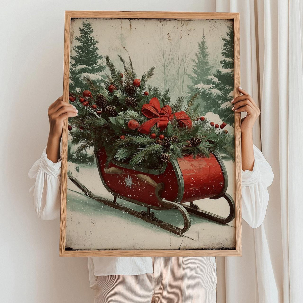 Christmas Sleigh in Snowy Forest, Festive Holiday Wall Art Print, Cozy Winter Home Decor Poster