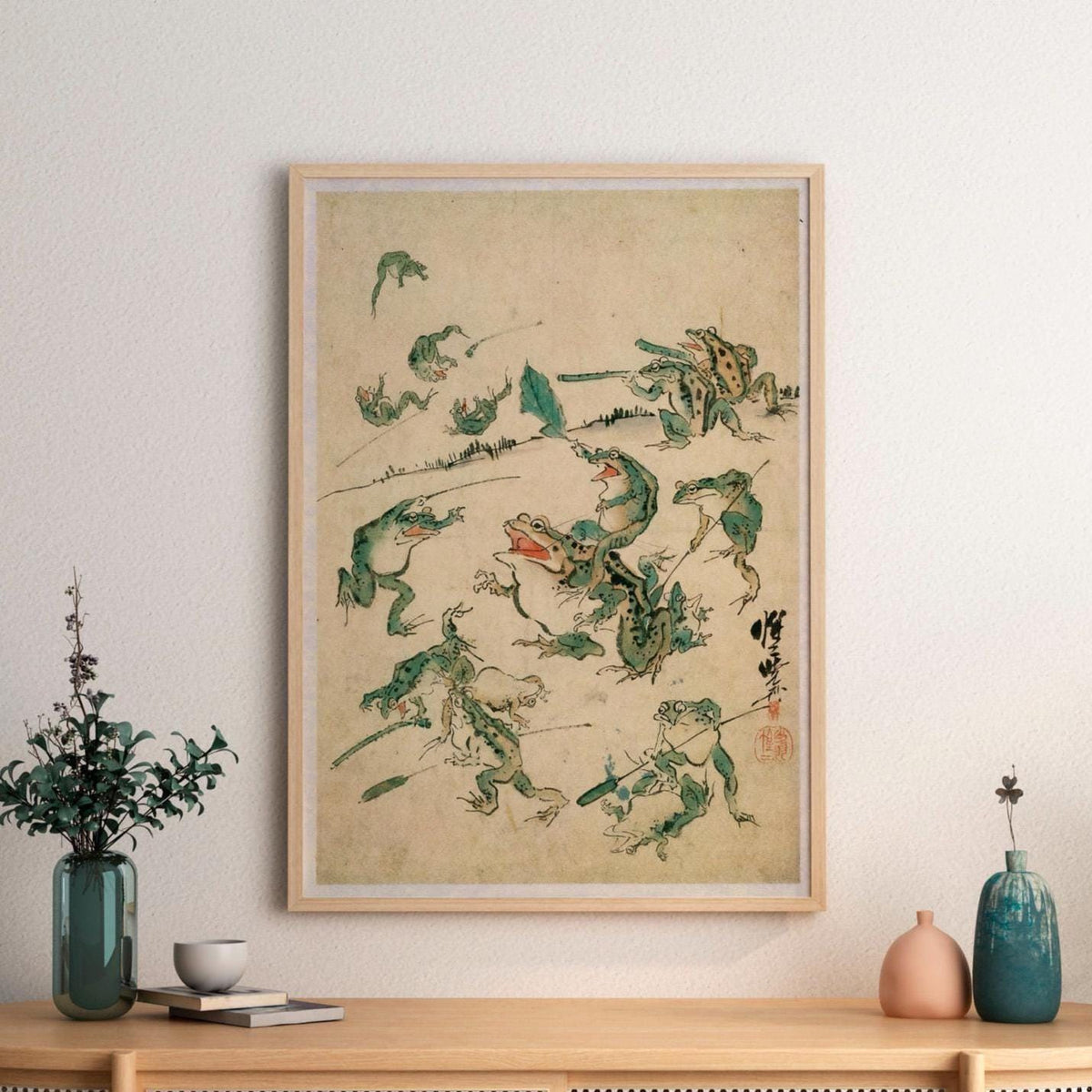 Kawanabe Kyosai - Battle Of The Frogs. Kitchen wall art, Japanese frogs art print, Japanese home decor, Frogs poster pri