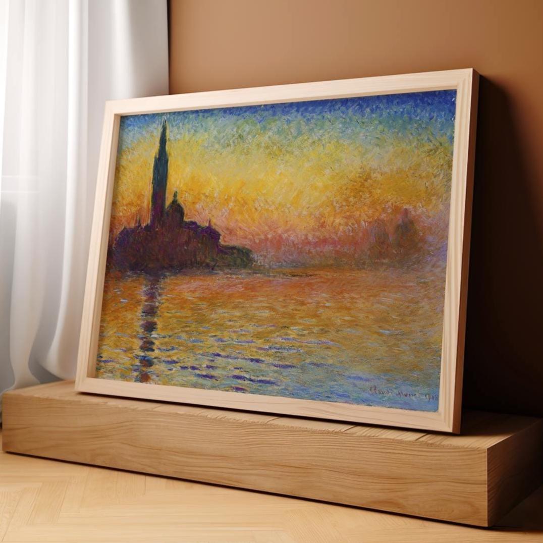 Claude Monet San Giorgio Maggiore at Dusk Framed Canvas Print, Venetian Sunset Impressionist Wall Art, Classic Home Deco