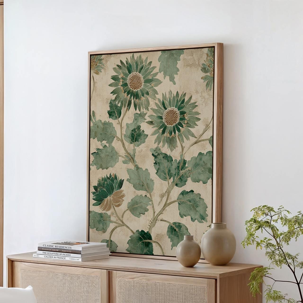 Pale Green Botanical Flowers Vintage Print - Large Framed Canvas Wall Art, Abstract Floral Decor for Living Room Decor,