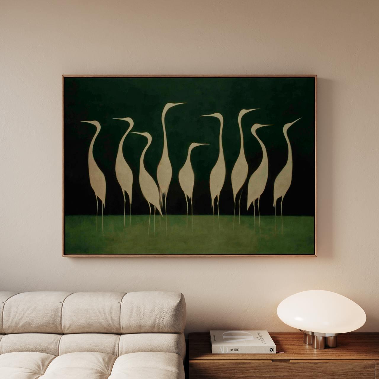 Graceful White Heron Birds Silhouette - Framed Canvas Wall Art Print, Minimalist Nature Decor for Living Room, Coastal B