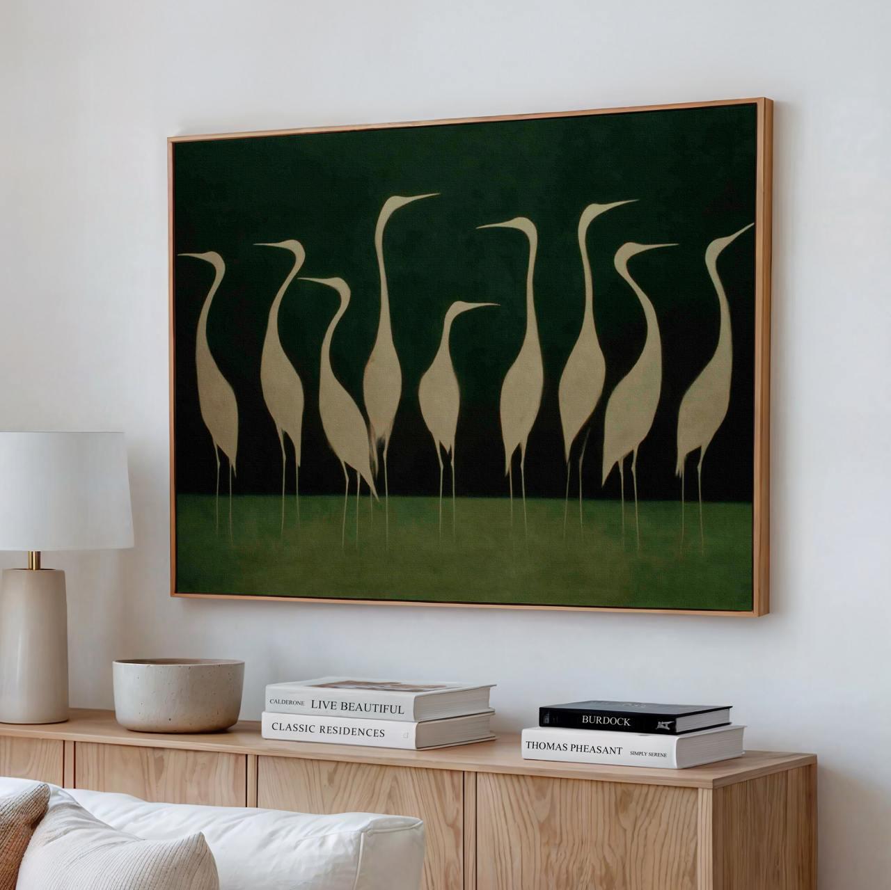 Graceful White Heron Birds Silhouette - Framed Canvas Wall Art Print, Minimalist Nature Decor for Living Room, Coastal B