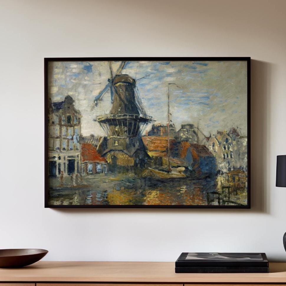 Claude Monet, Windmill Amsterdam 1871 - Dutch Mill Canal Print, Impressionist City Art, Nautical Decor, Modern Living Ro