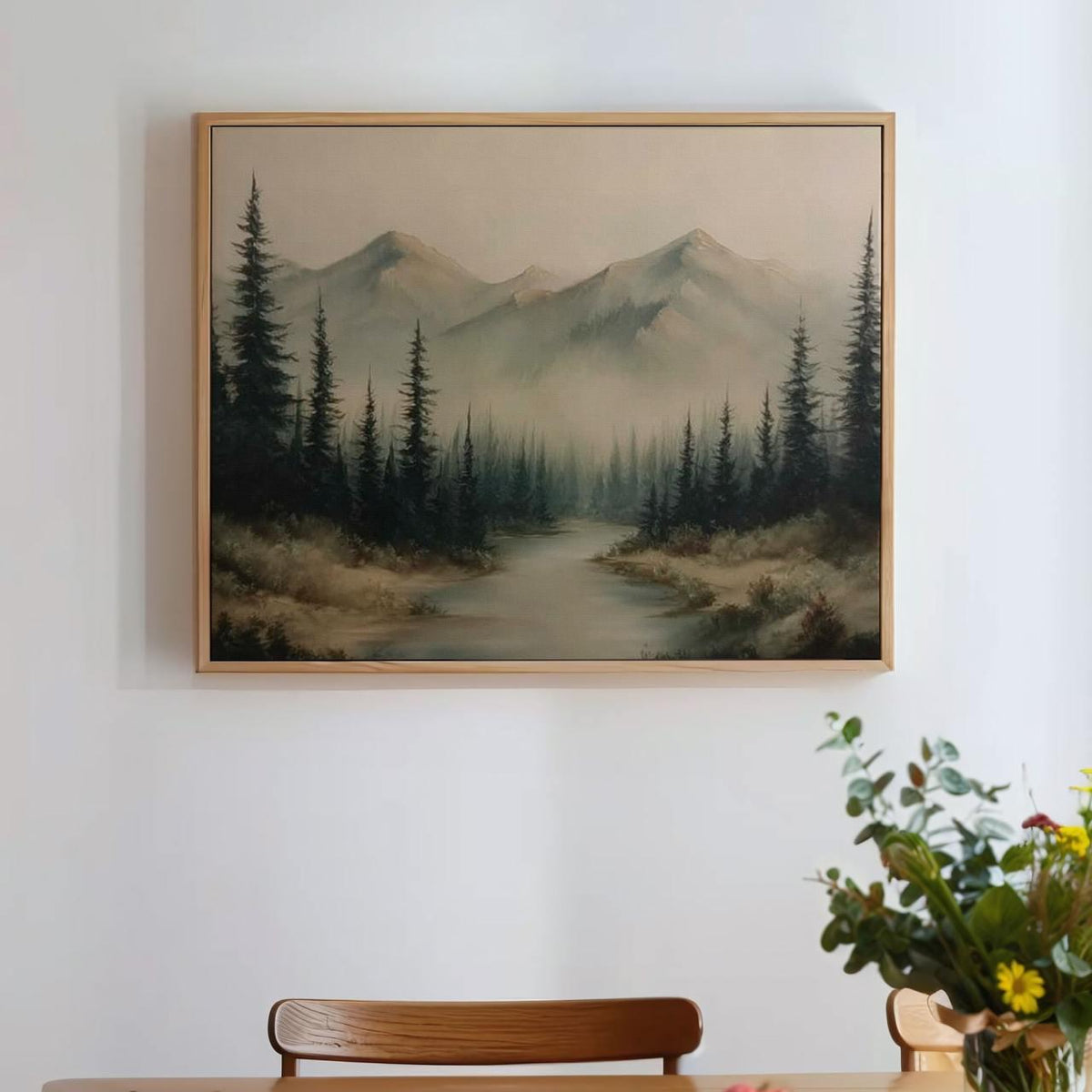 Dark Foggy Forest Mountains Silhouette - Framed Canvas Wall Art Print, Atmospheric Landscape Decor for Living Room, Cozy