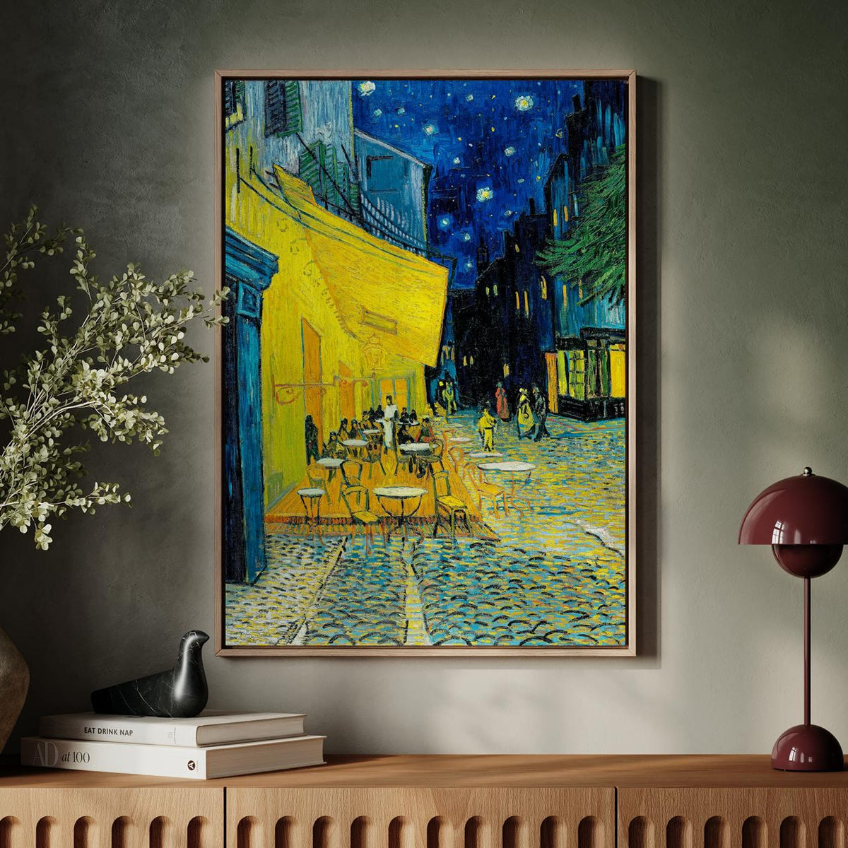 Vincent van Gogh Cafe Terrace at Night - Framed Canvas Print, Post-Impressionist Night Scene Decor for Living Room, Dini