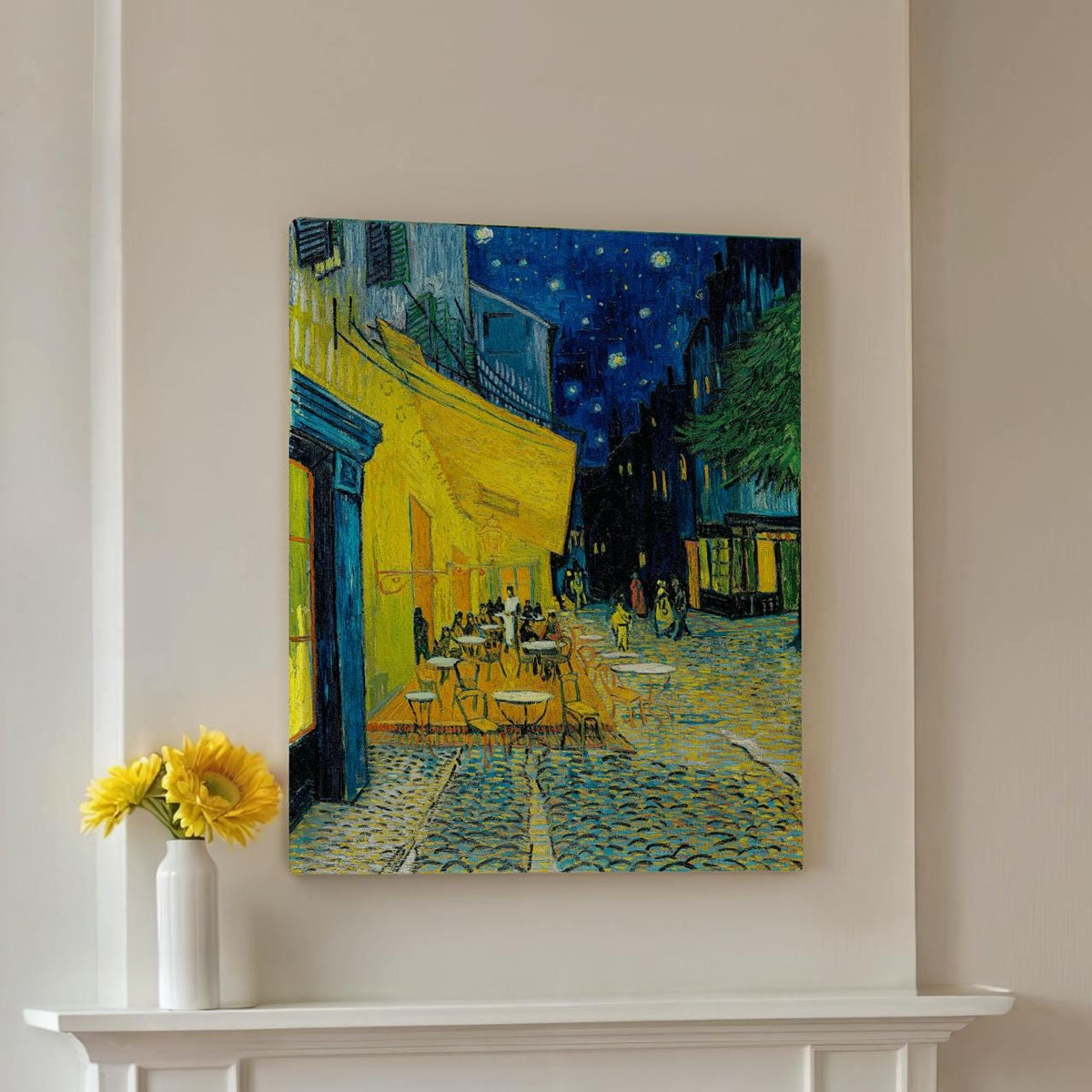 Vincent van Gogh Cafe Terrace at Night - Framed Canvas Print, Post-Impressionist Night Scene Decor for Living Room, Dini